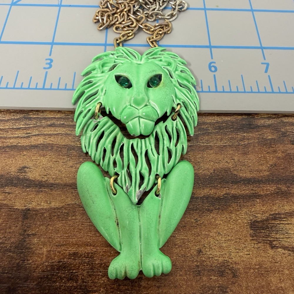 Vintage Lion Pendant Mod Necklace Large Articulated Animal Neon Green Rhinestone